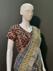 Hand Block Printed Cotton Linen Saree