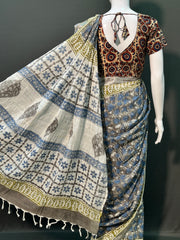 Hand Block Printed Cotton Linen Saree