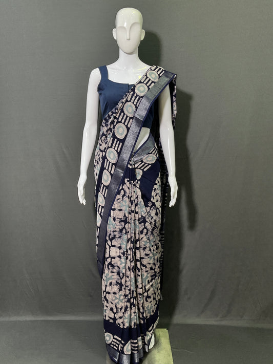 Batik Printed Cotton Linen Saree