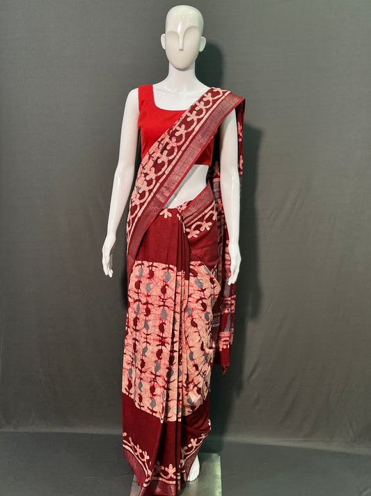 Batik Printed Cotton Linen Saree