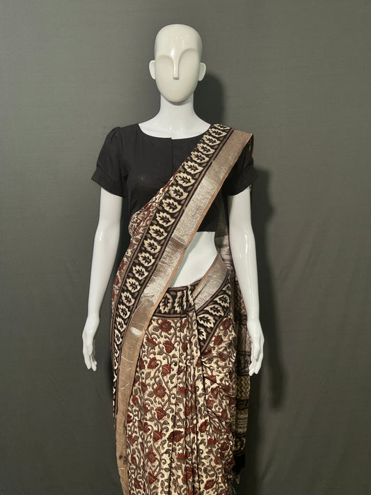 AJRAKH DABO Printed Cotton Linen Saree