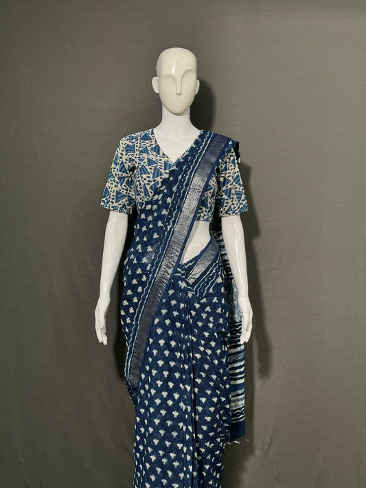 INDIGO Printed Cotton Linen Saree
